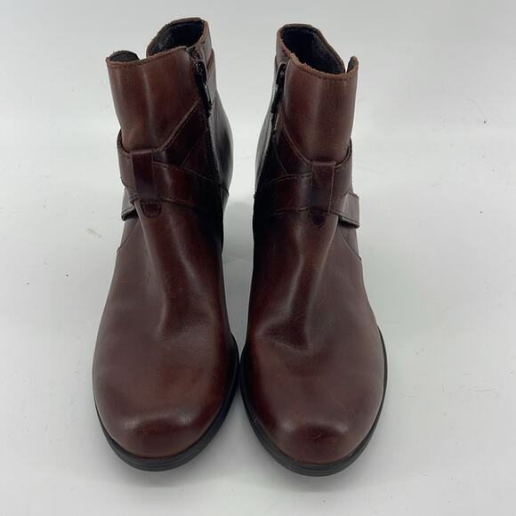 NWOT Born Carabel Cognac leather heeled side zip harness ankle boots sz 6 - Picture 5 of 8